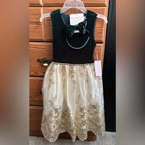 Holiday Dress Velvet Green with matching headband